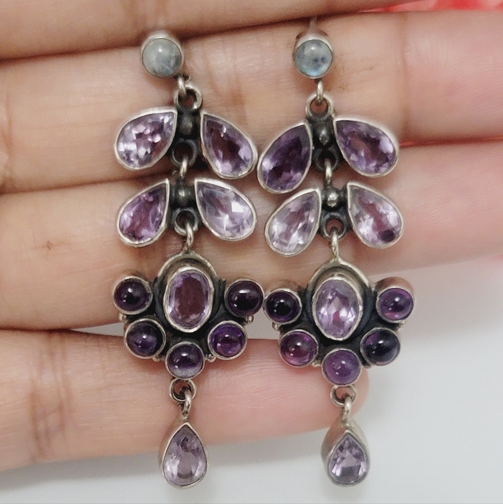 Vintage Sterling Silver Amethyst Long Gorgeous Dangle Earrings
